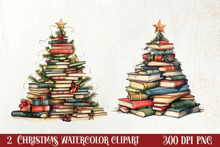 Christmas Books Tree Sublimation Clipart, Christmas Clipart
