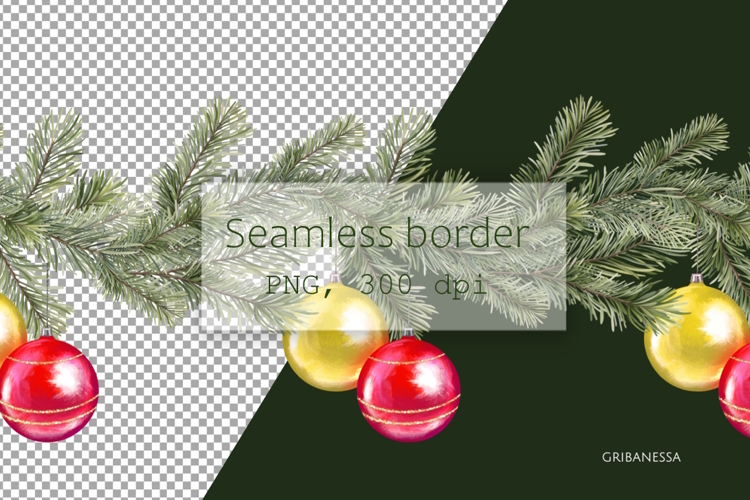 Christmas Seamless Pine Border with Ornaments