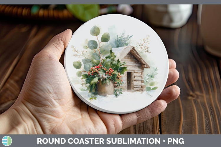 Cabin Christmas Botanicals Round Coaster Sublimation Design
