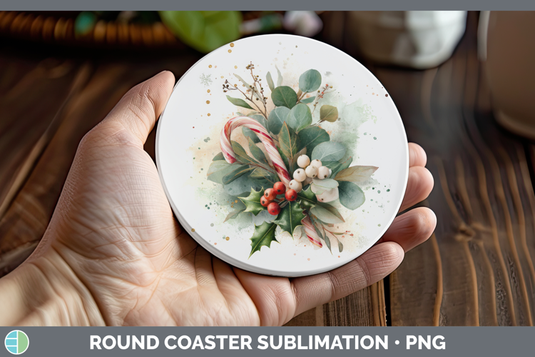 Candy Cane Christmas Botanicals Round Coaster Sublimation De