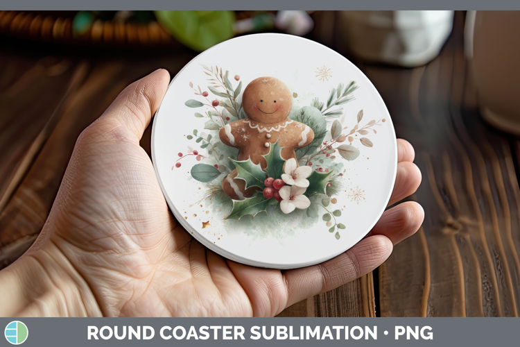 Gingerbread Man Christmas Botanicals Round Coaster Sublimati