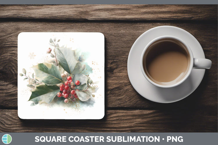 Holly Christmas Botanicals Square Coaster Sublimation Design