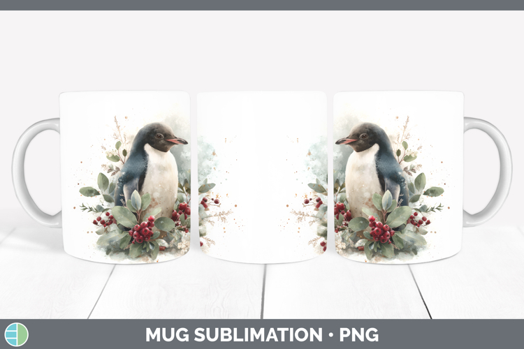 Penguin Christmas Botanicals Mug Wrap Sublimation Design