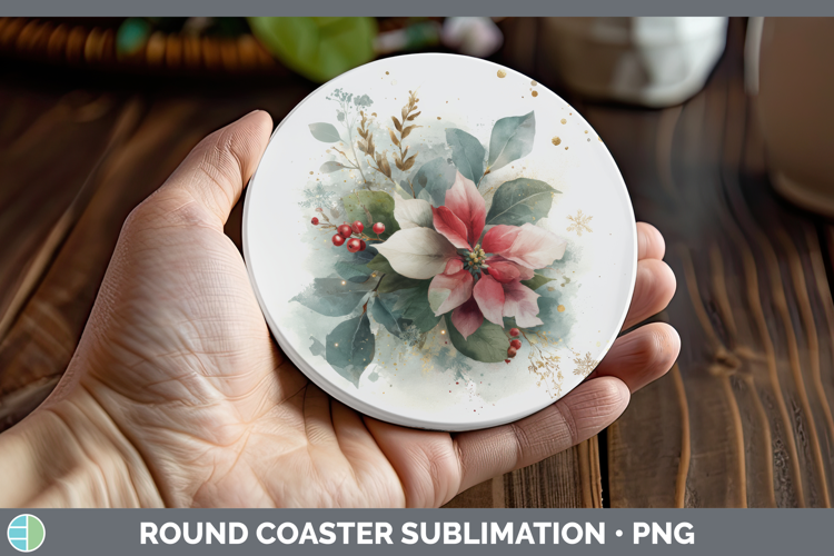 Poinsettia Christmas Botanicals Round Coaster Sublimation De
