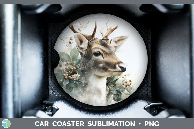 Reindeer Christmas Botanicals Car Coaster Sublimation Design