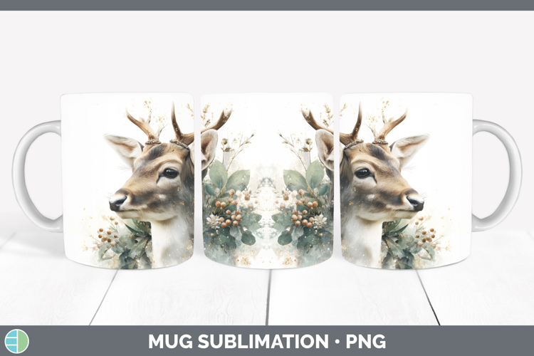Reindeer Christmas Botanicals Mug Wrap Sublimation Design