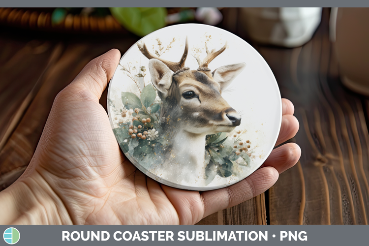 Reindeer Christmas Botanicals Round Coaster Sublimation Desi