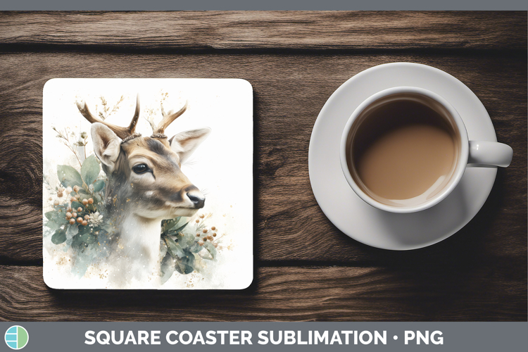 Reindeer Christmas Botanicals Square Coaster Sublimation Des
