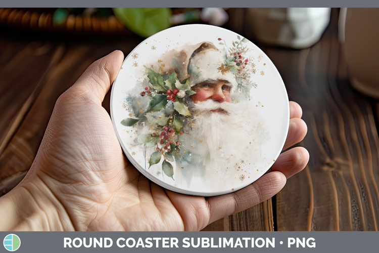 Santa Christmas Botanicals Round Coaster Sublimation Design