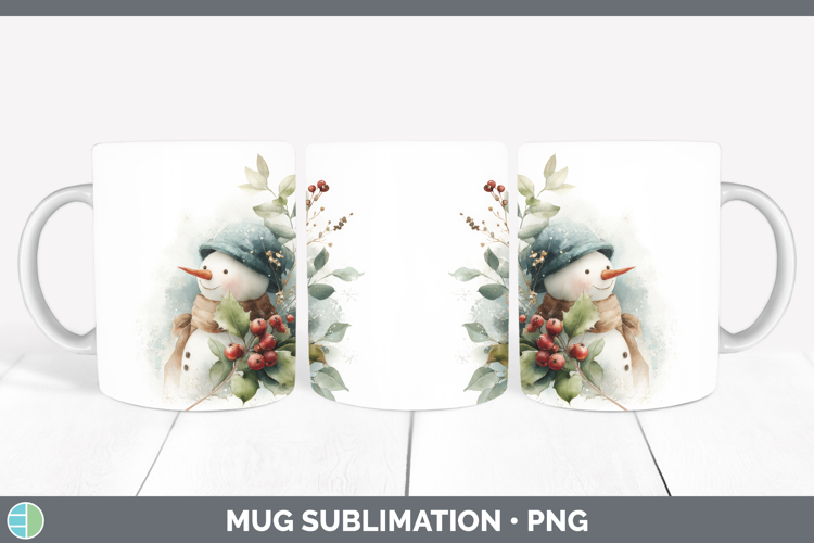 Snowman Christmas Botanicals Mug Wrap Sublimation Design