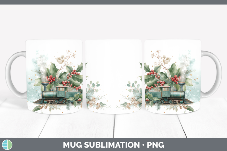 Train Christmas Botanicals Mug Wrap Sublimation Design