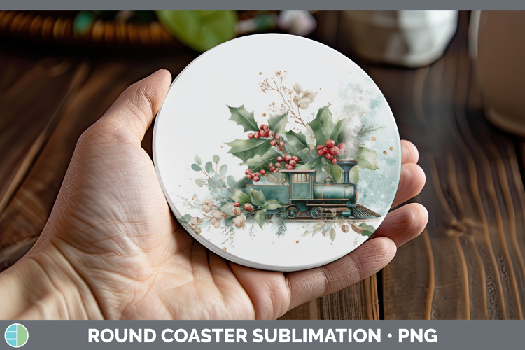 Train Christmas Botanicals Round Coaster Sublimation Design