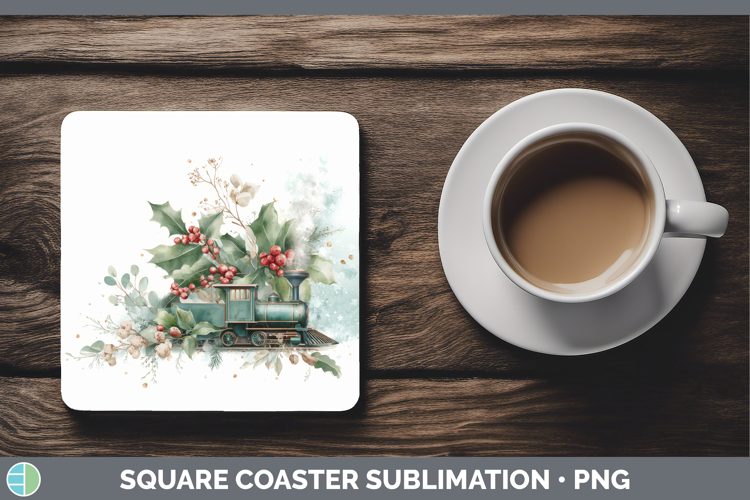 Train Christmas Botanicals Square Coaster Sublimation Design
