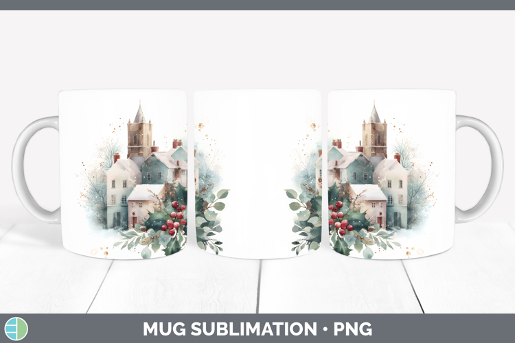 Village Christmas Botanicals Mug Wrap Sublimation Design