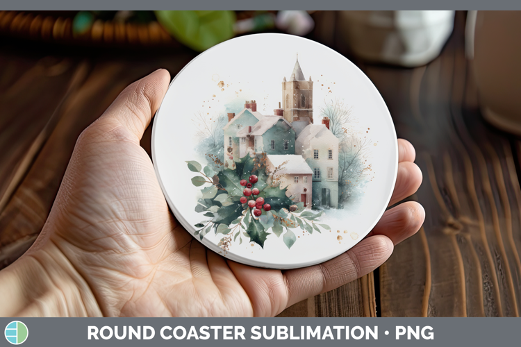 Village Christmas Botanicals Round Coaster Sublimation Desig