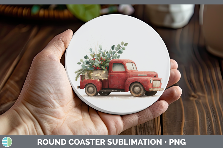 Vintage Truck Christmas Botanicals Round Coaster Sublimation