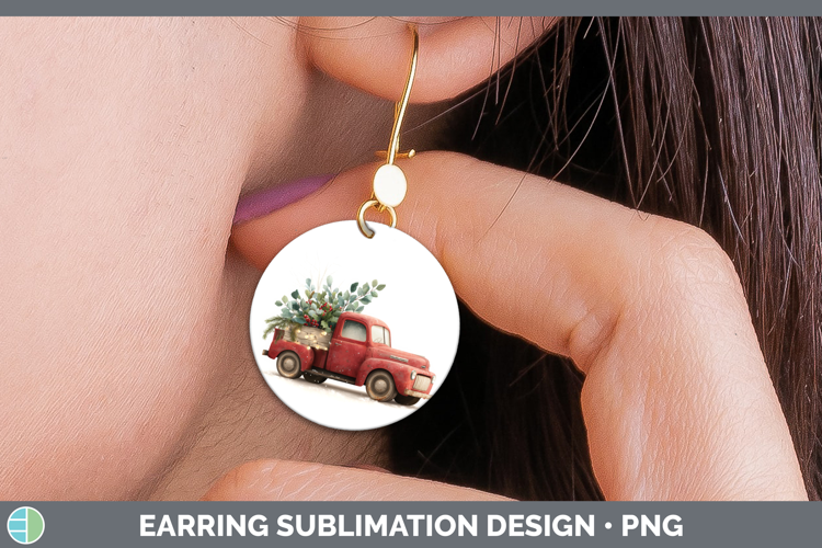 Vintage Truck Christmas Botanicals Round Earrings Sublimatio