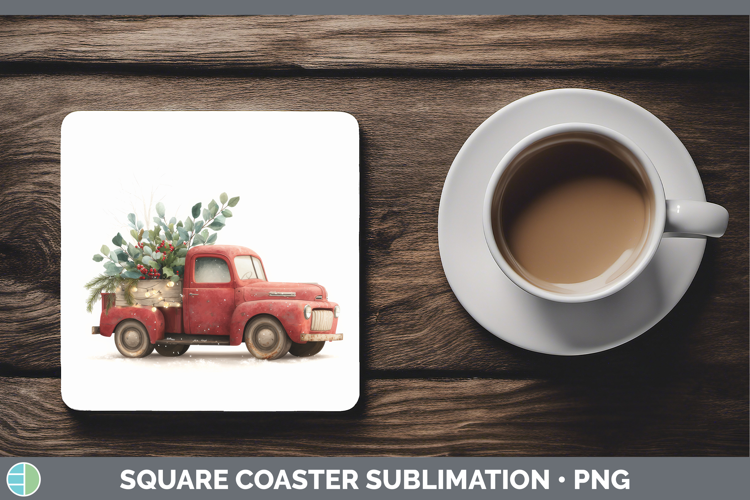 Vintage Truck Christmas Botanicals Square Coaster Sublimatio