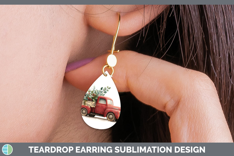 Vintage Truck Christmas Botanicals Teardrop Earrings Sublima