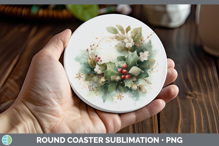 Wreath Christmas Botanicals Round Coaster Sublimation Design