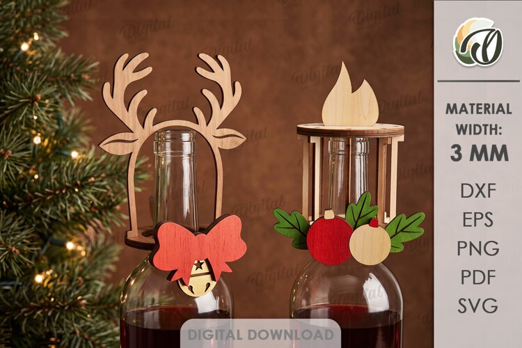 Christmas Wine Bottle Toppers Laser Cut. Christmas SVG example image 1