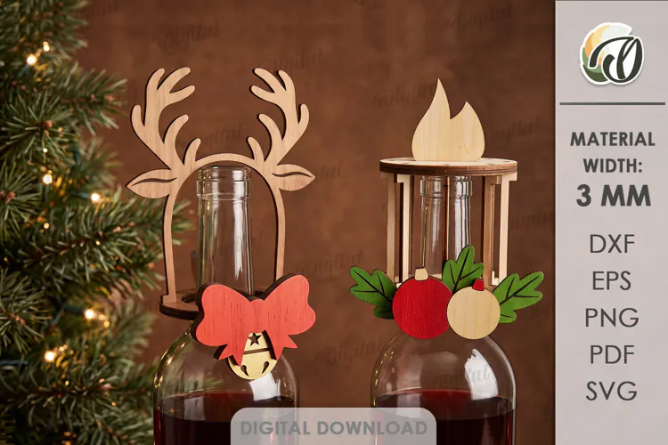 Christmas Wine Bottle Toppers Laser Cut. Christmas SVG