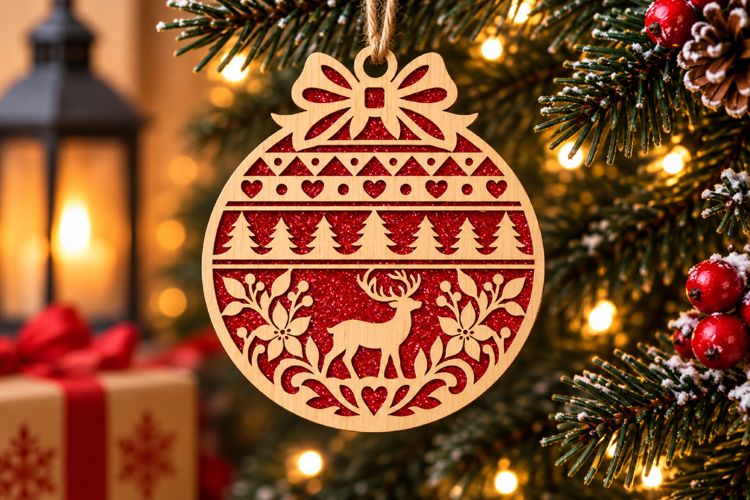 Christmas Bow Deer Ornament Laser Cut SVG