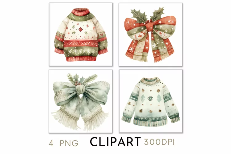Christmas Bows and Jumpers Illustrations Watercolor PNG