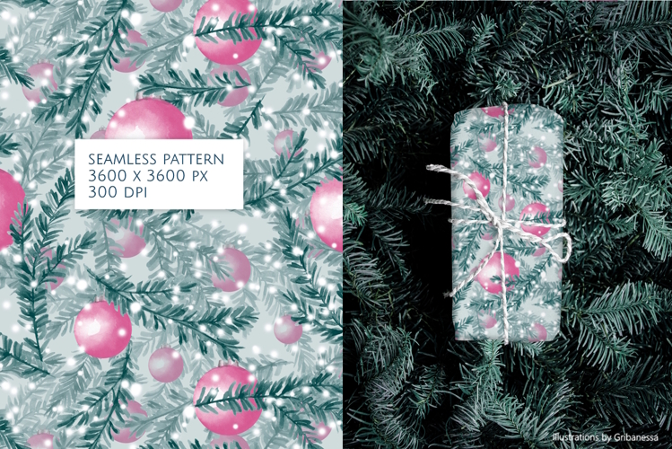 Christmas Pine and Pink Ornaments Seamless Pattern