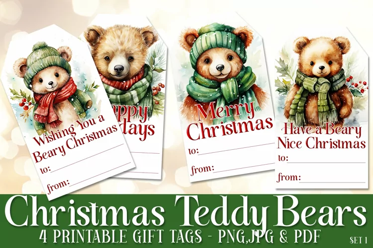 Teddy Bear Christmas Gift Tags & Sheet, Printable Crafts s1