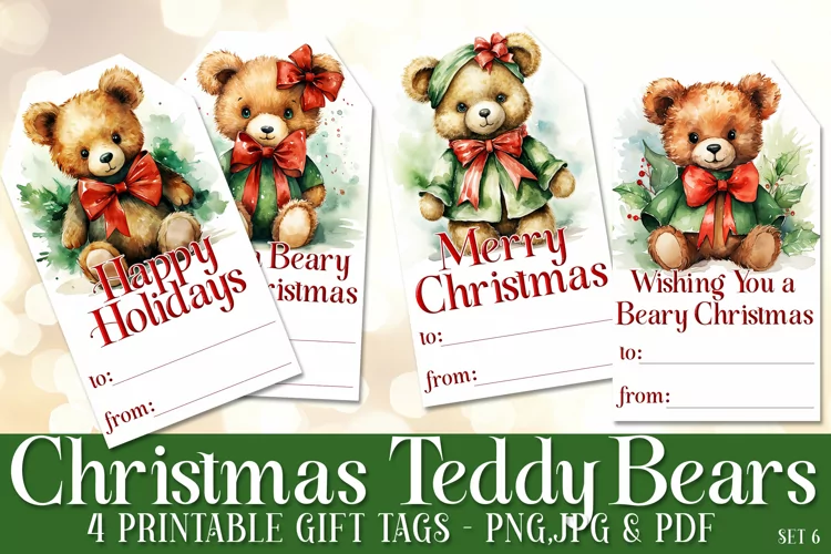 Teddy Bear Christmas Gift Tags & Sheet, Printable Crafts s6