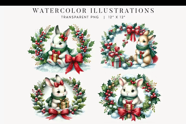 Christmas Bunnies Watercolor Clipart