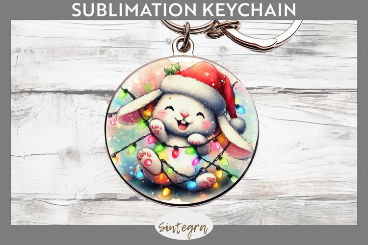 Christmas Bunny v1 Entangled in Lights Round Keychain Sublim