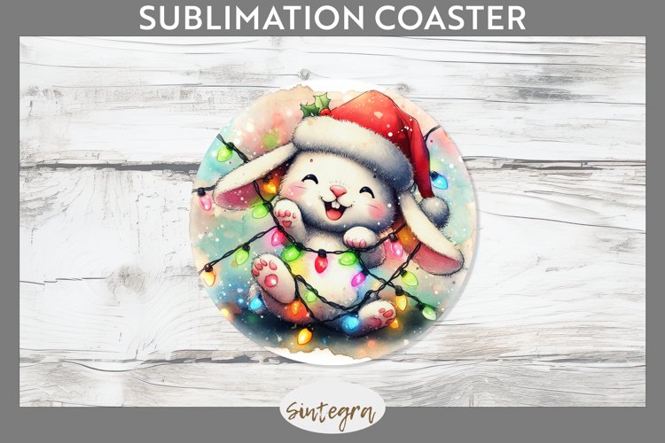 Christmas Bunny v1 Entangled in Lights Round Coaster Sublima example image 1
