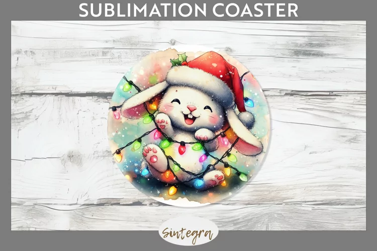 Christmas Bunny v1 Entangled in Lights Round Coaster Sublima