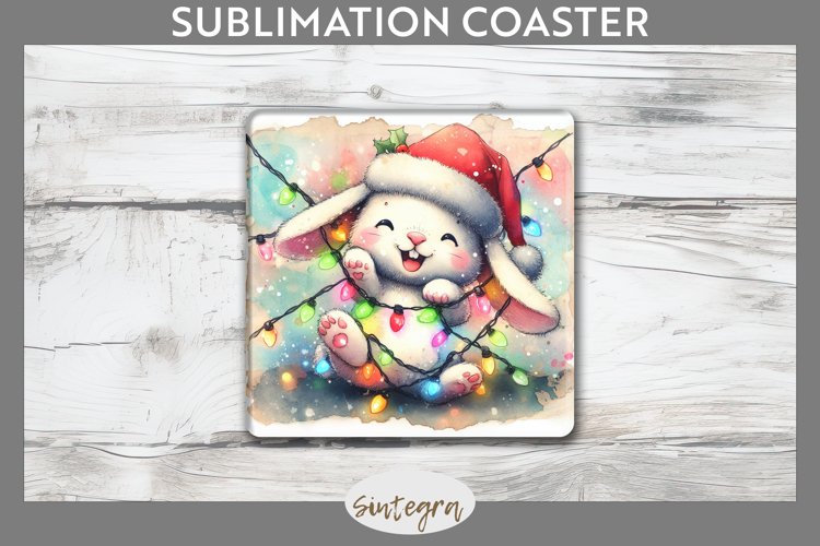 Christmas Bunny v1 Entangled in Lights Square Coaster Sublim example image 1