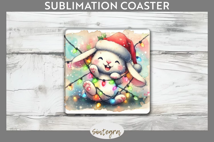Christmas Bunny v1 Entangled in Lights Square Coaster Sublim