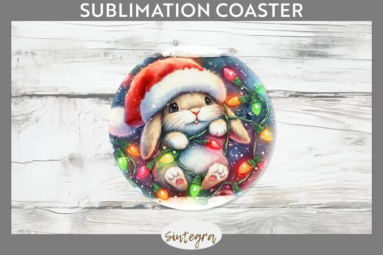 Christmas Bunny v2 Entangled in Lights Round Coaster Sublima
