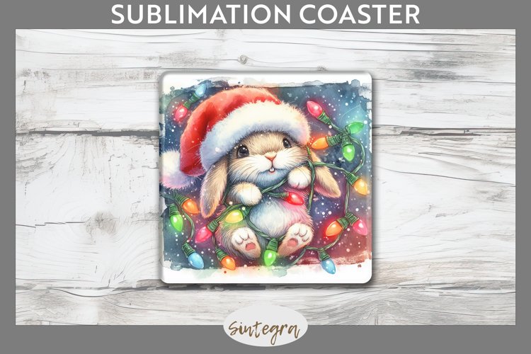 Christmas Bunny v2 Entangled in Lights Square Coaster Sublim example image 1