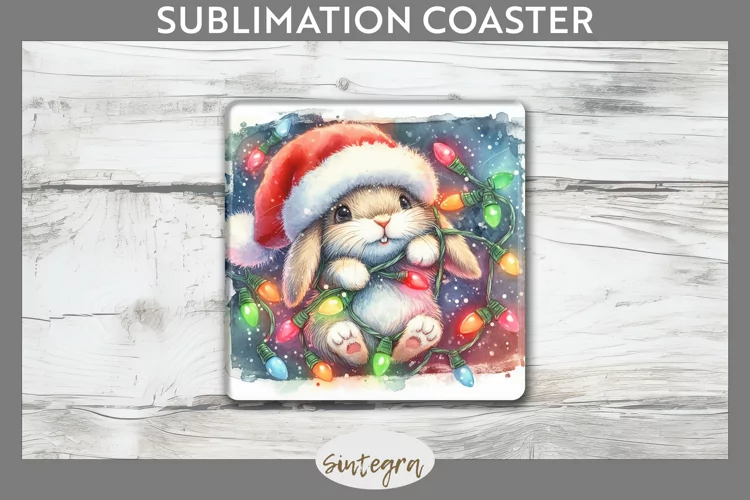 Christmas Bunny v2 Entangled in Lights Square Coaster Sublim
