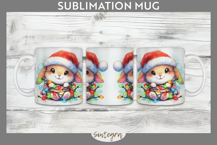 Christmas Bunny v3 Entangled in Lights Mug Wrap Sublimation