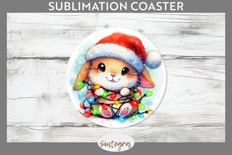Christmas Bunny v3 Entangled in Lights Round Coaster Sublima