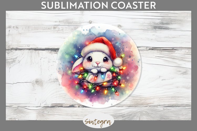 Christmas Bunny v4 Entangled in Lights Round Coaster Sublima example image 1