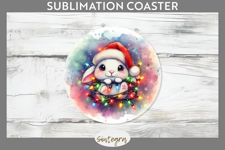 Christmas Bunny v4 Entangled in Lights Round Coaster Sublima