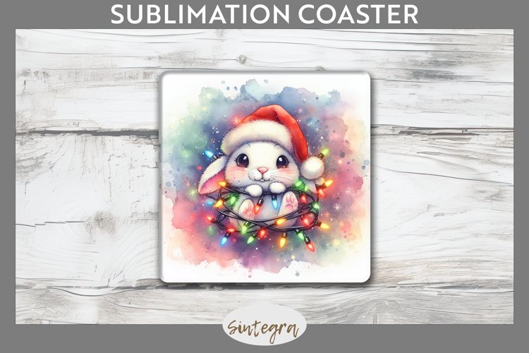 Christmas Bunny v4 Entangled in Lights Square Coaster Sublim example image 1