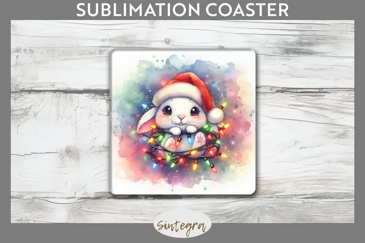 Christmas Bunny v4 Entangled in Lights Square Coaster Sublim