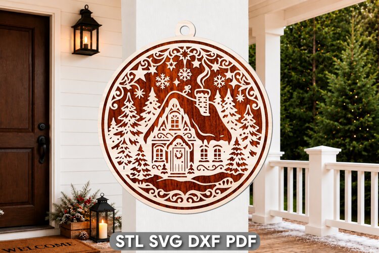 Christmas Cabin Ornament Laser Cut SVG example image 1