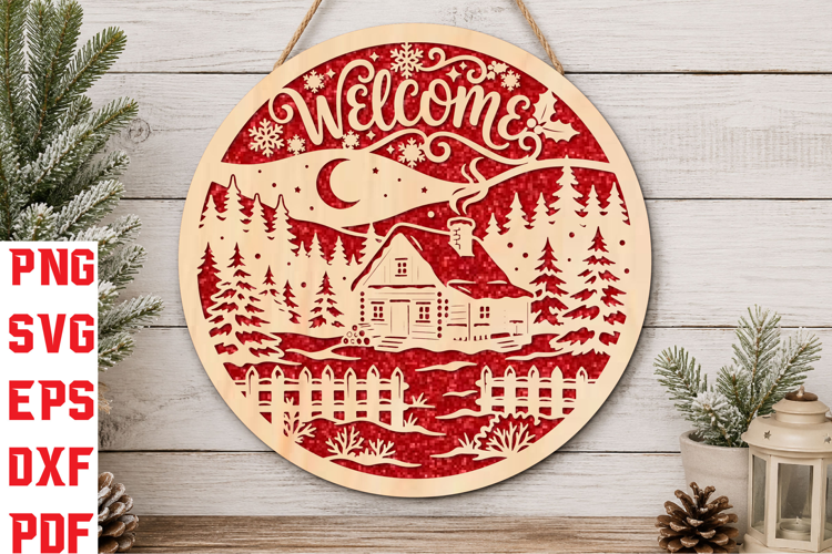 Christmas Cabin Round Sign Laser SVG