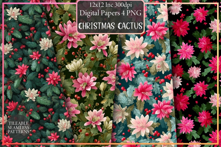 Christmas Cactus Seamless Patterns | Festive Desert Holiday