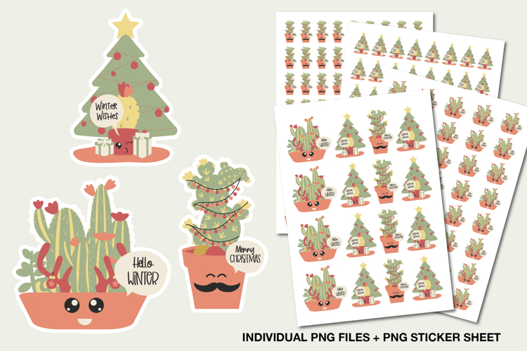 Christmas Cactus Stickers, Cute Holiday PNG Clipart